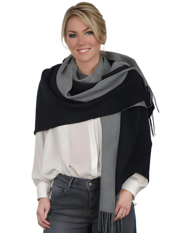 (schwarz / hellgrau) 30% Kaschmir Damen Schal Stola Herbst Winter 185x65 Fransen Kaschmirschal Pashmina Wollschal Damenschal