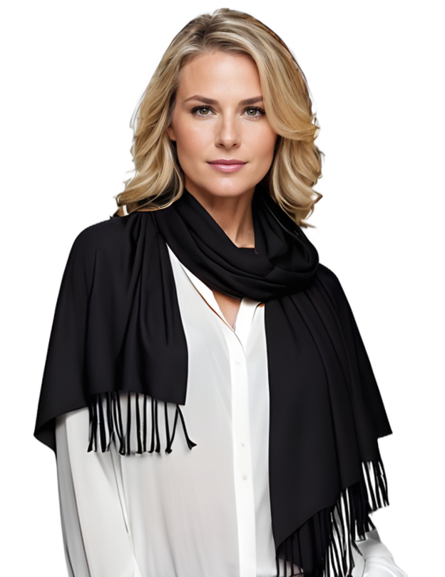 (schwarz) 30% Kaschmir Damen Schal Stola Herbst Winter 185x65 Fransen Kaschmirschal Pashmina Wollschal Damenschal